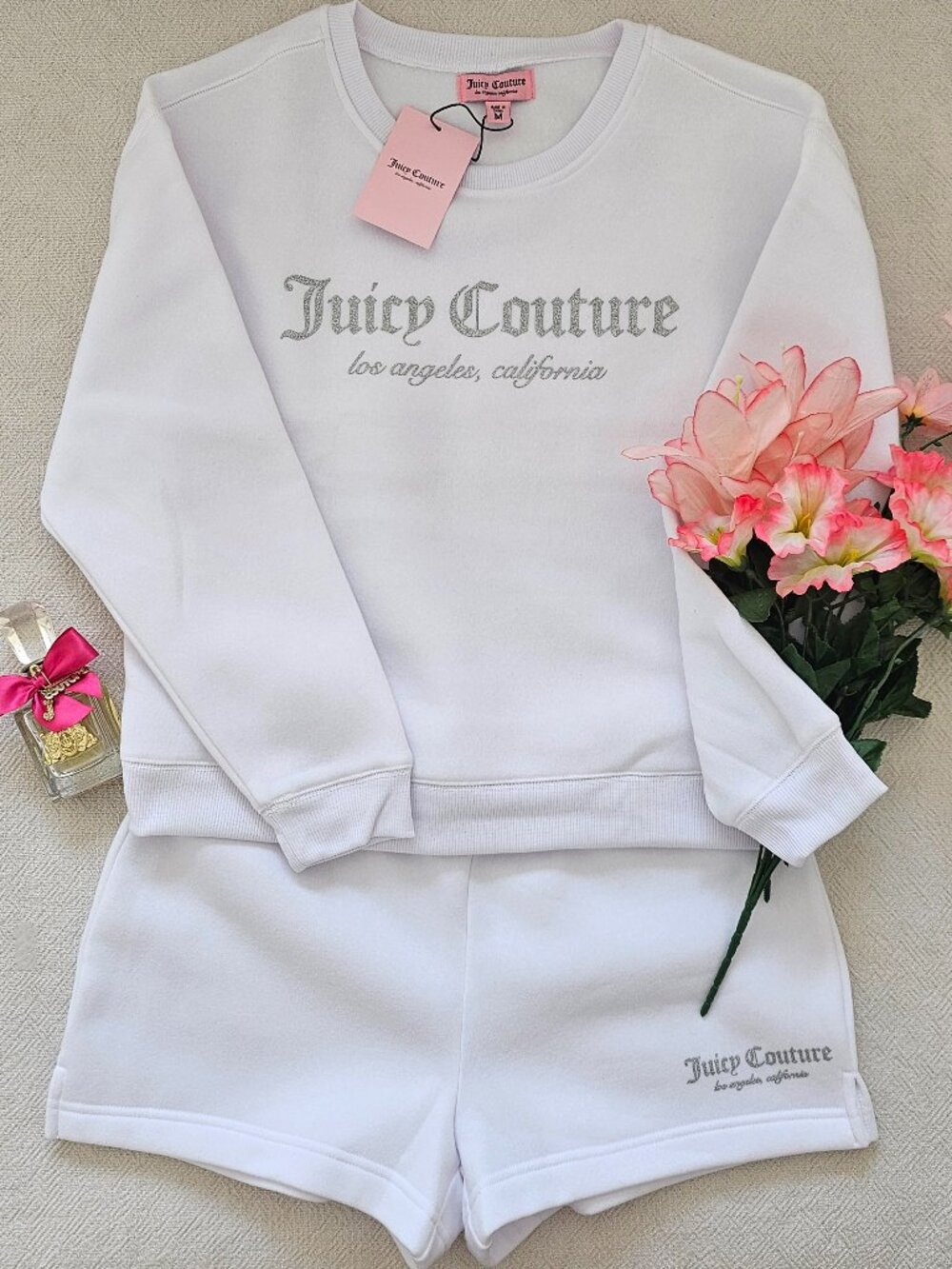 NWT Juicy Couture Bleached White Thick Fleece Sweatshirt & Shorts Set M